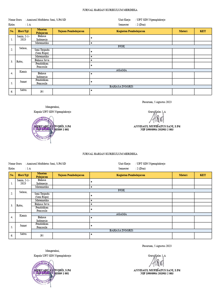 Jurnal Harian Kelas 1 Kurikulum Merdeka | PDF