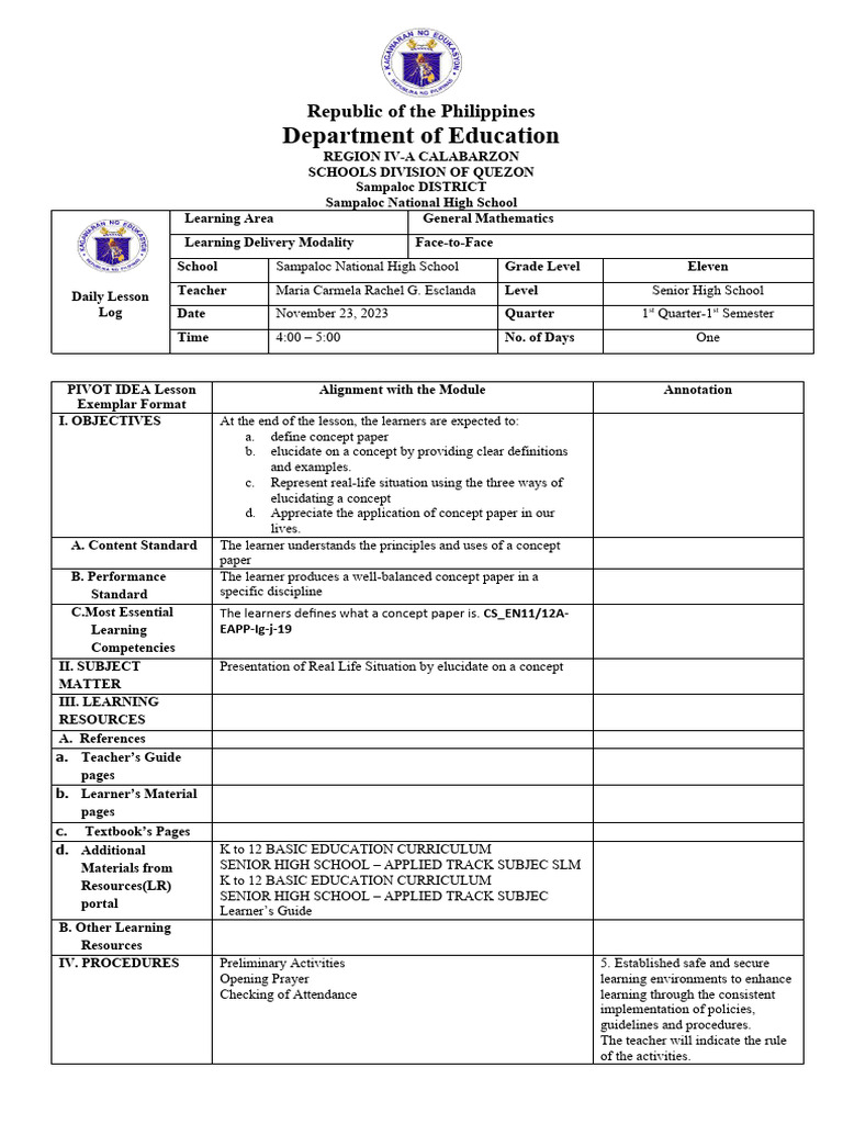 Daily Lesson Log with Annotations | PDF | Curriculum | Learning