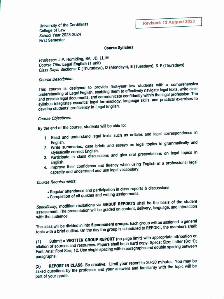 Legal English Syllabus PDF Punctuation Rhetoric