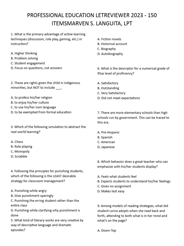 Professional Education Letreviewer 2023 Pdf Learning Teachers