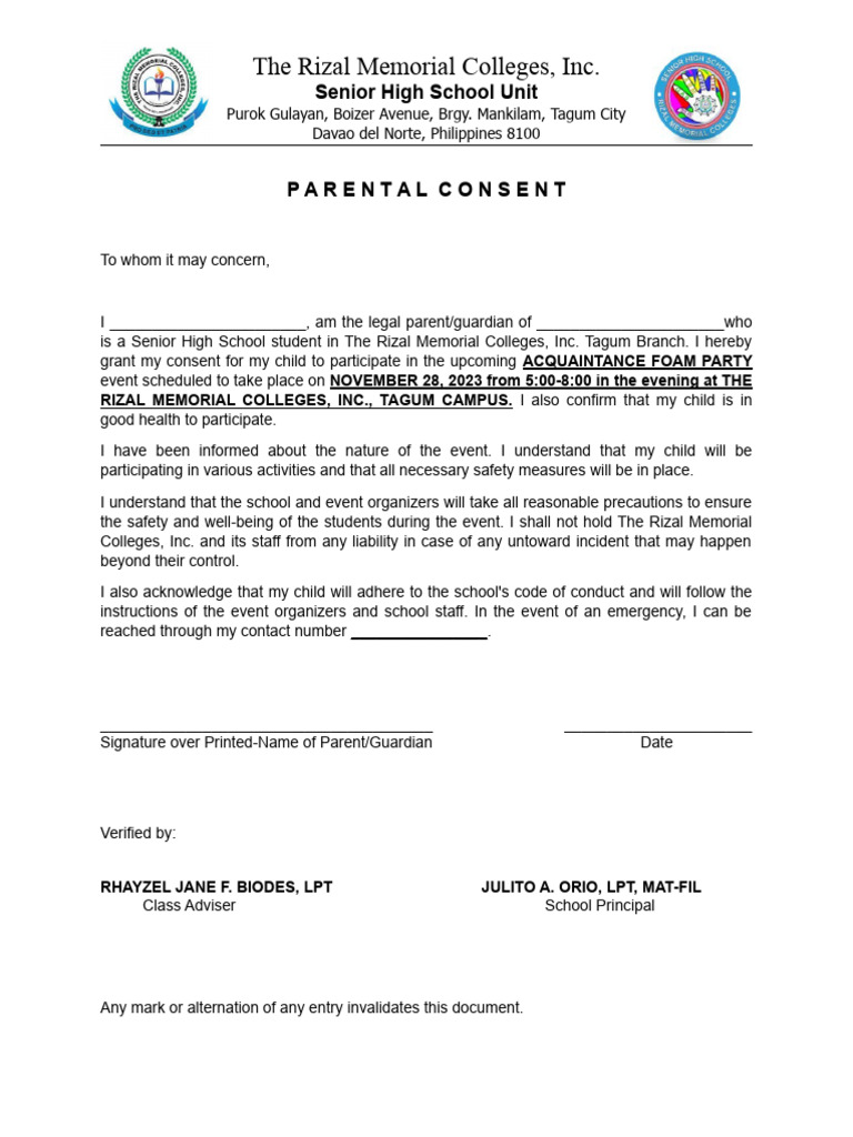 Parental Consent for Acquaintance Party | PDF | Wellness