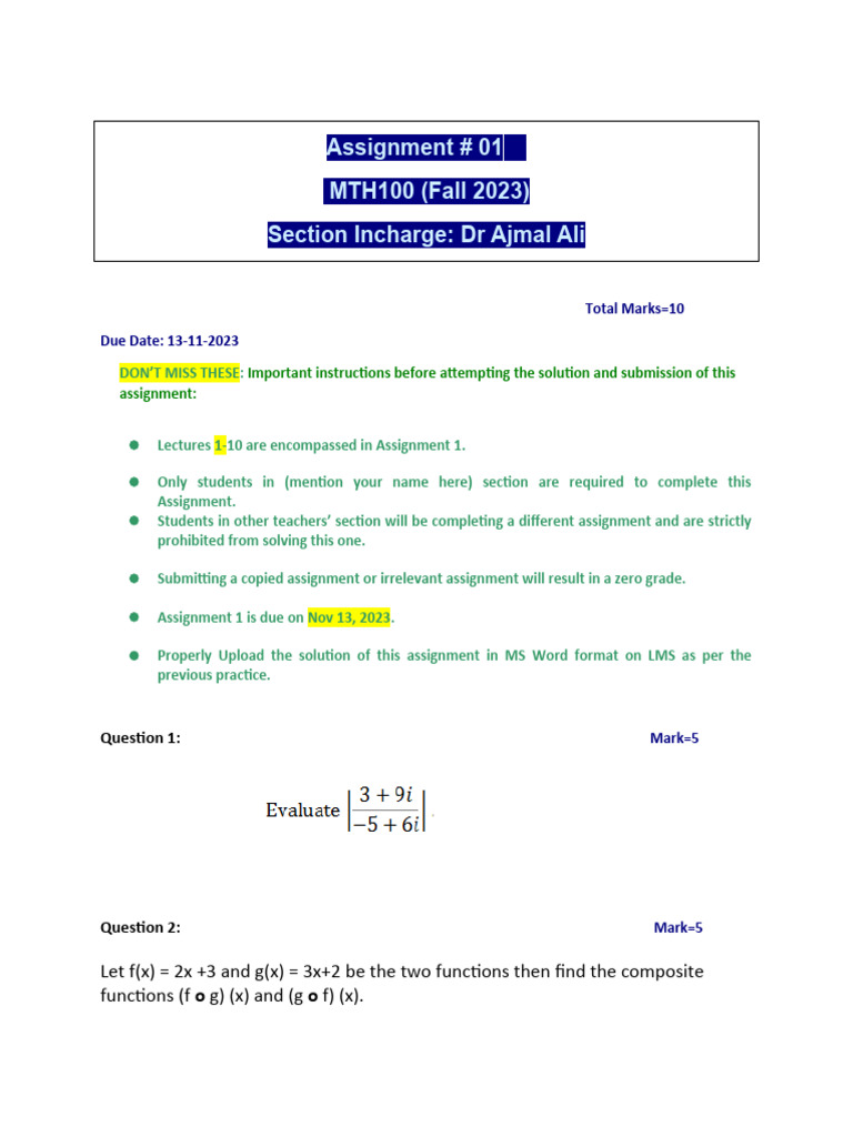 MTH100 Assignment 1 Instructions | PDF