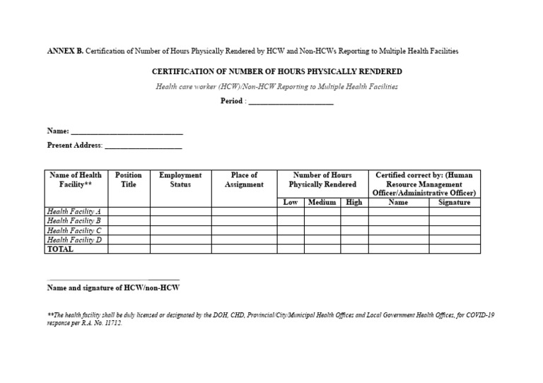 Certification of Rendered Hours by HCWs | PDF | Law