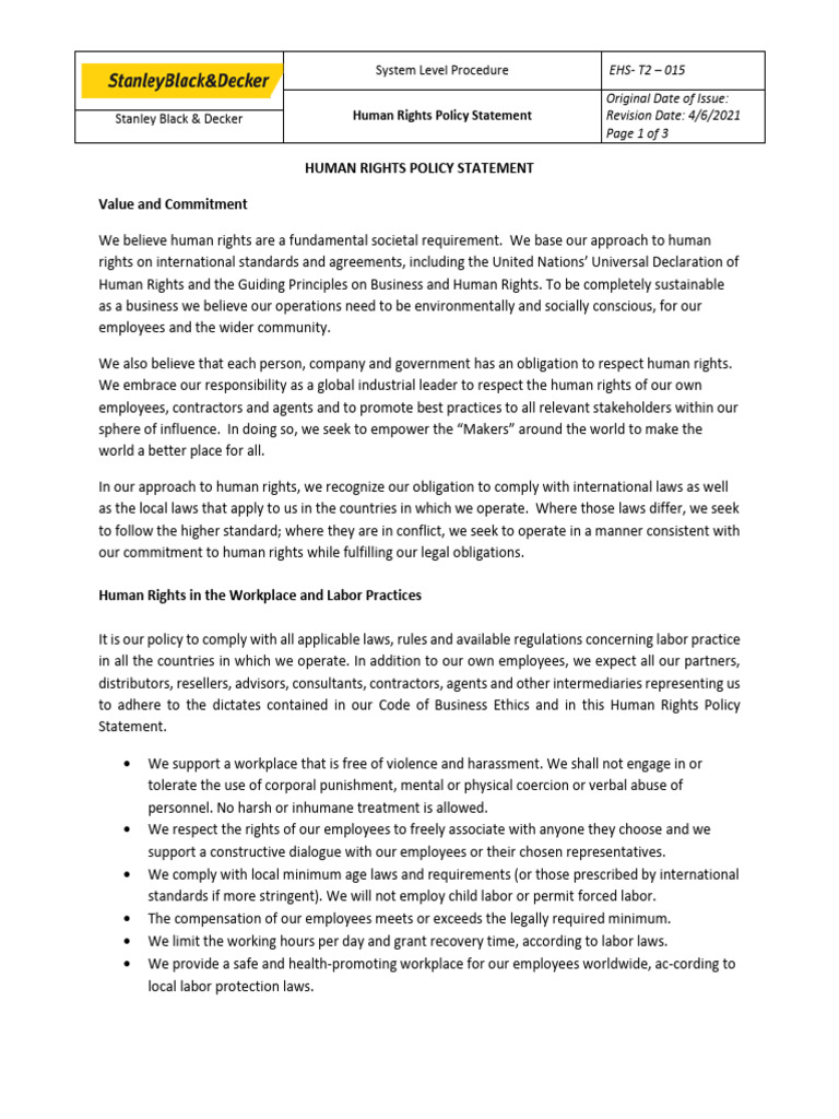 Human Right Policy Statement Draft PDF Employment Human Rights