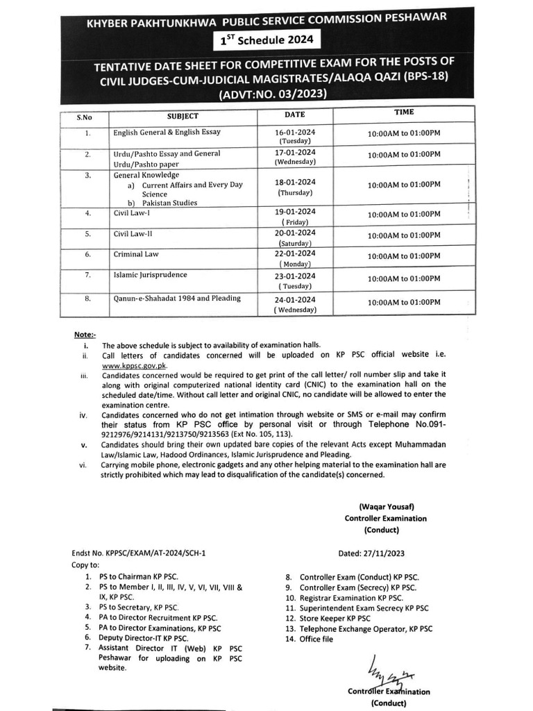 Date Sheet Competitive Examination CJ 03 2023 January 2024 PDF