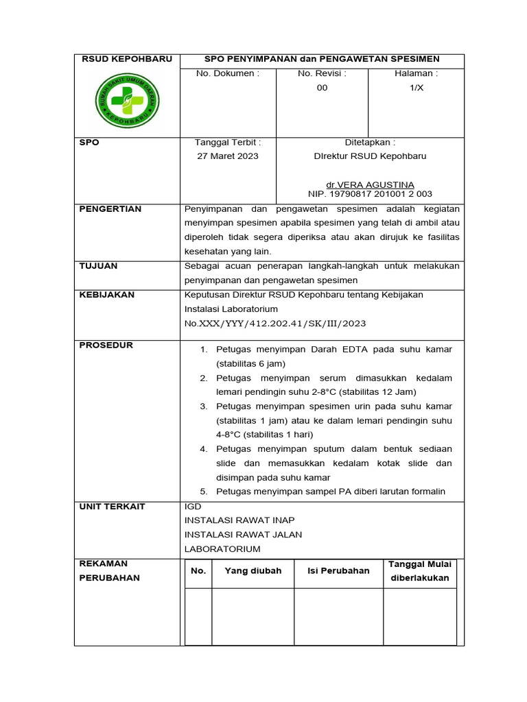 Spo Penyimpanan Dan Pengawetan Spesimen | PDF