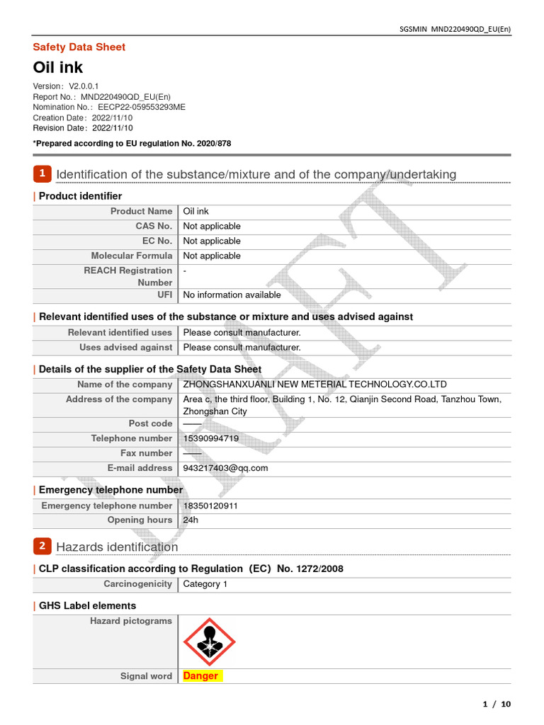 Oil Ink Safety Data Sheet | PDF | Firefighting | Dangerous Goods