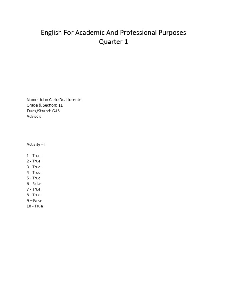 English For Academic and Professional Purposes Quarter 1 | PDF | Essays ...