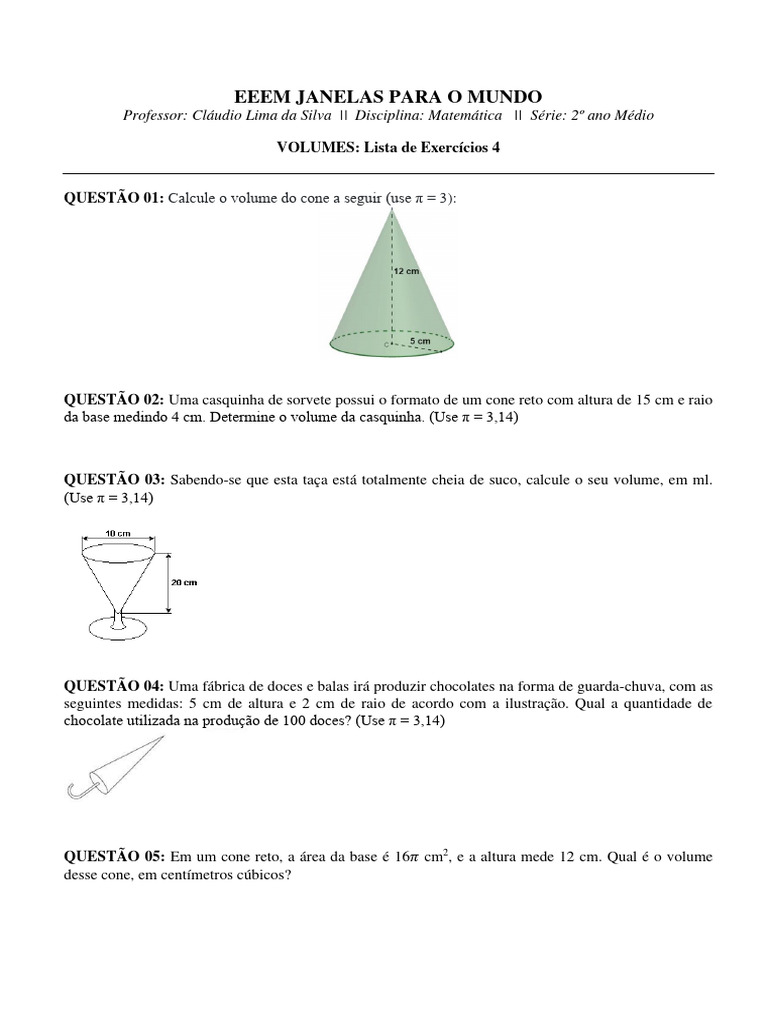 Exercícios sobre Volume de Cone | PDF | Gastronomia, comida e vinho