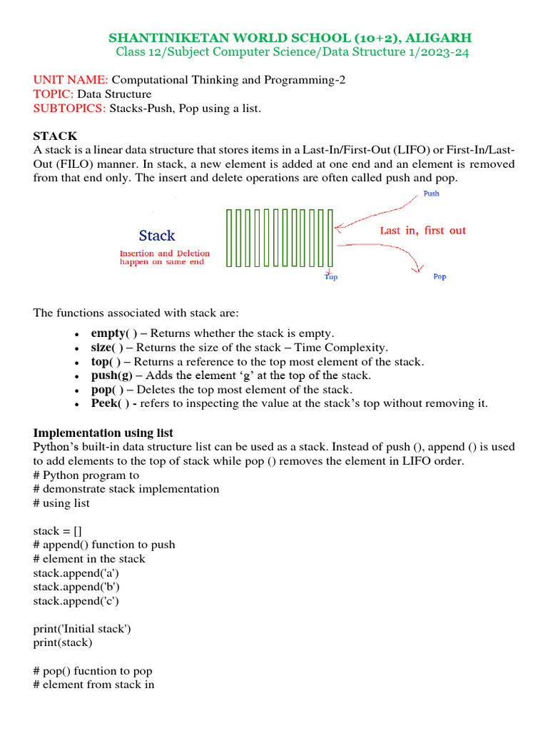 Class 12 Notes on Stacks in Python | PDF