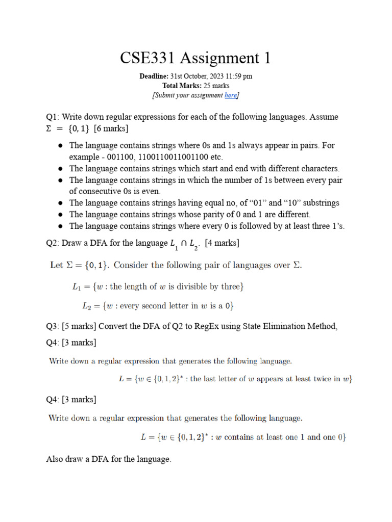 CSE331 Assignment 1: Regular Expressions & DFA | PDF | Teaching Methods ...