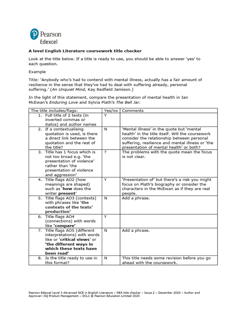 English Lit Coursework Title Checker PDF Mental Disorder
