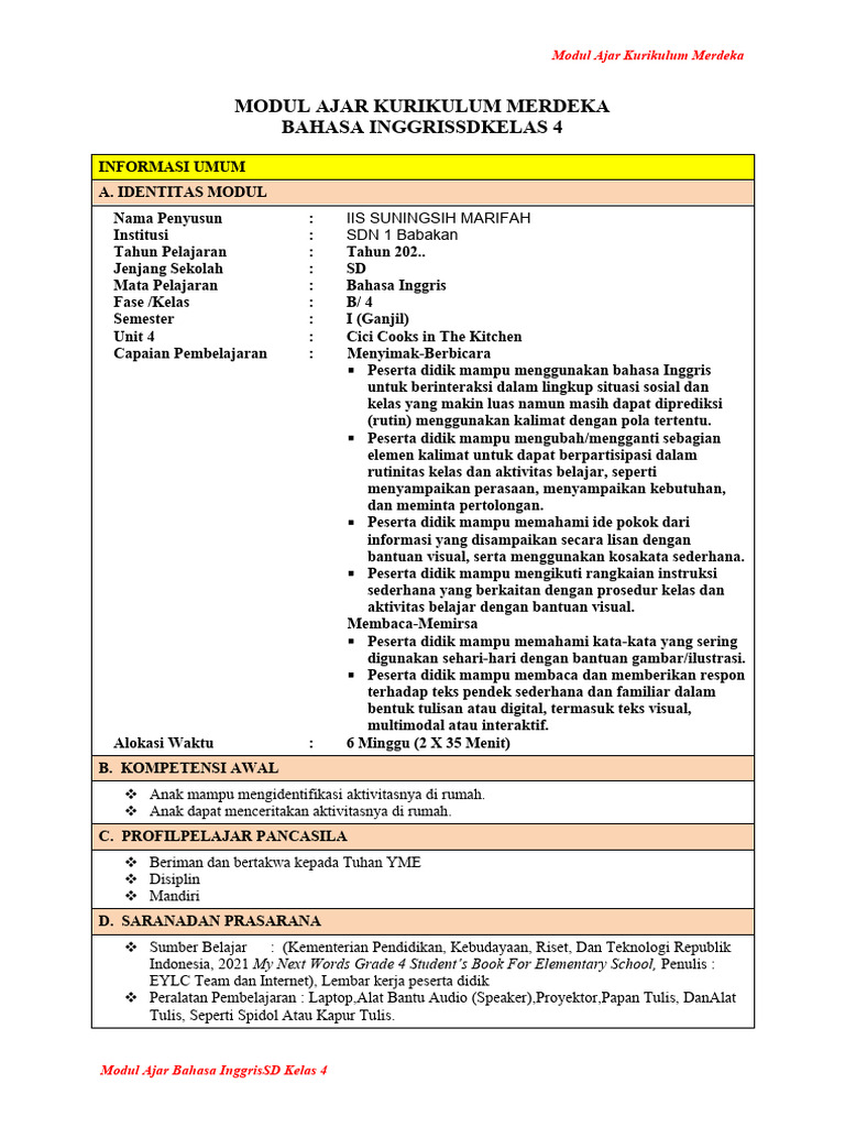 Modul Ajar Bahasa Inggris Kelas 4 | PDF | Karier & Perkembangan | Seni ...
