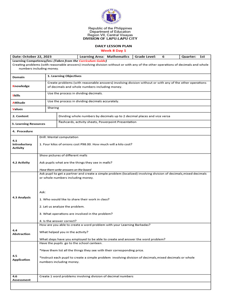 Grade 6 Math Lesson Plans | PDF | Learning | Lesson Plan