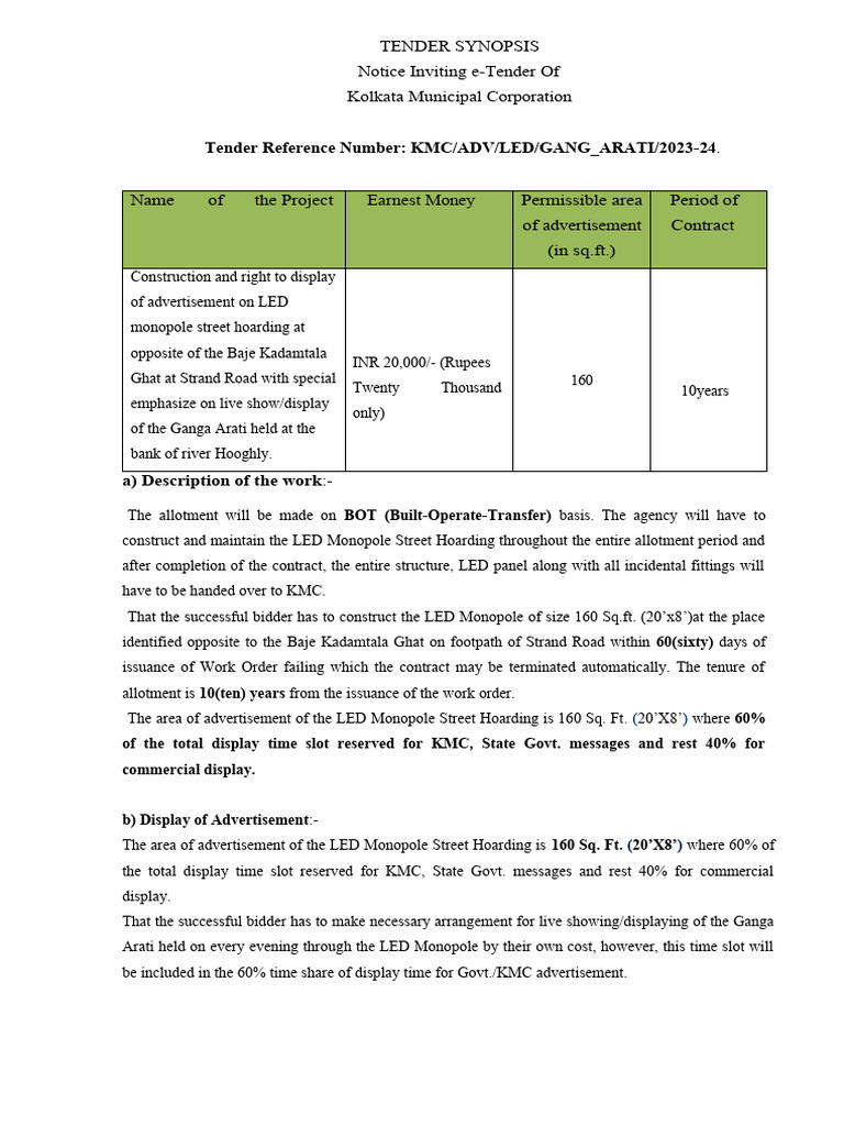 Tender Synopsis - KMC - Led - Ganga - Arati | PDF | Request For ...