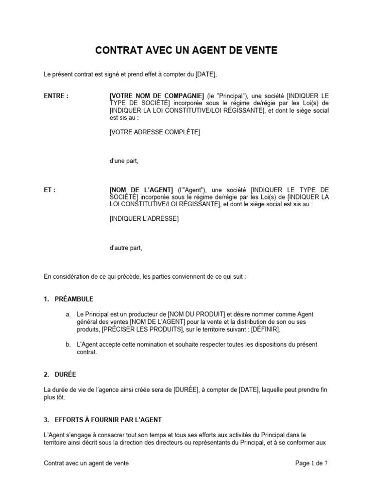 Contrat d'Agent de Vente: Conditions et Obligations | PDF | Sodles ...
