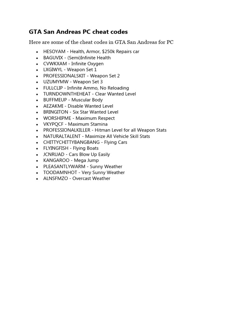 GTA San Andreas PC Cheat Codes | PDF | Technology & Engineering | History