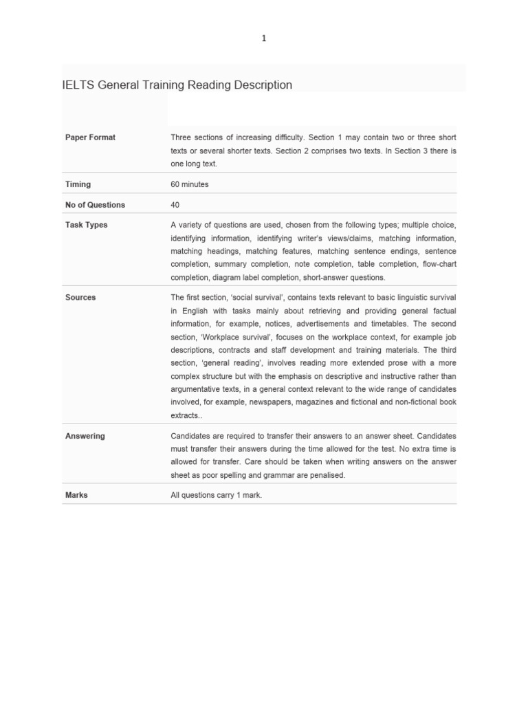 IELTS General Training Reading Overview | PDF | Question ...