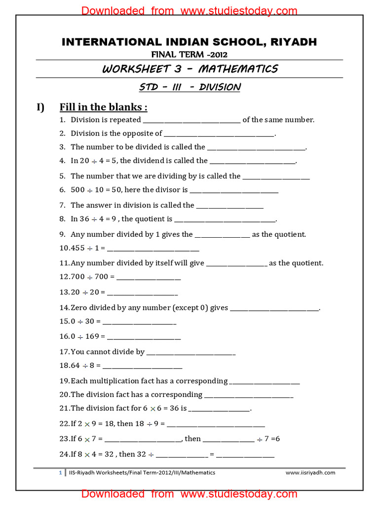 CBSE Class 3 Mathematics Worksheet (48) Division PDF Division
