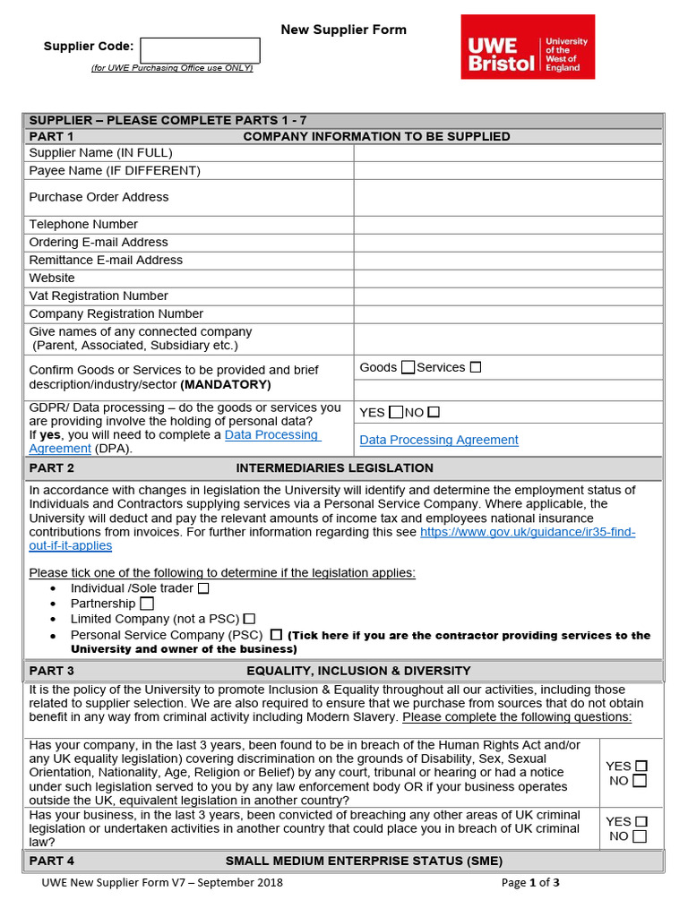 New Supplier Form PDF Small And Medium Sized Enterprises Justice