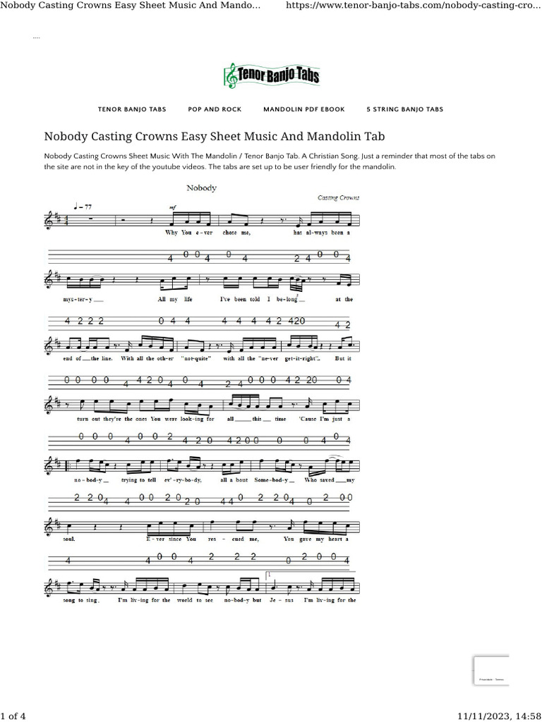 nobody-casting-crowns-easy-sheet-music-and-mandolin-tab-tenor-banjo