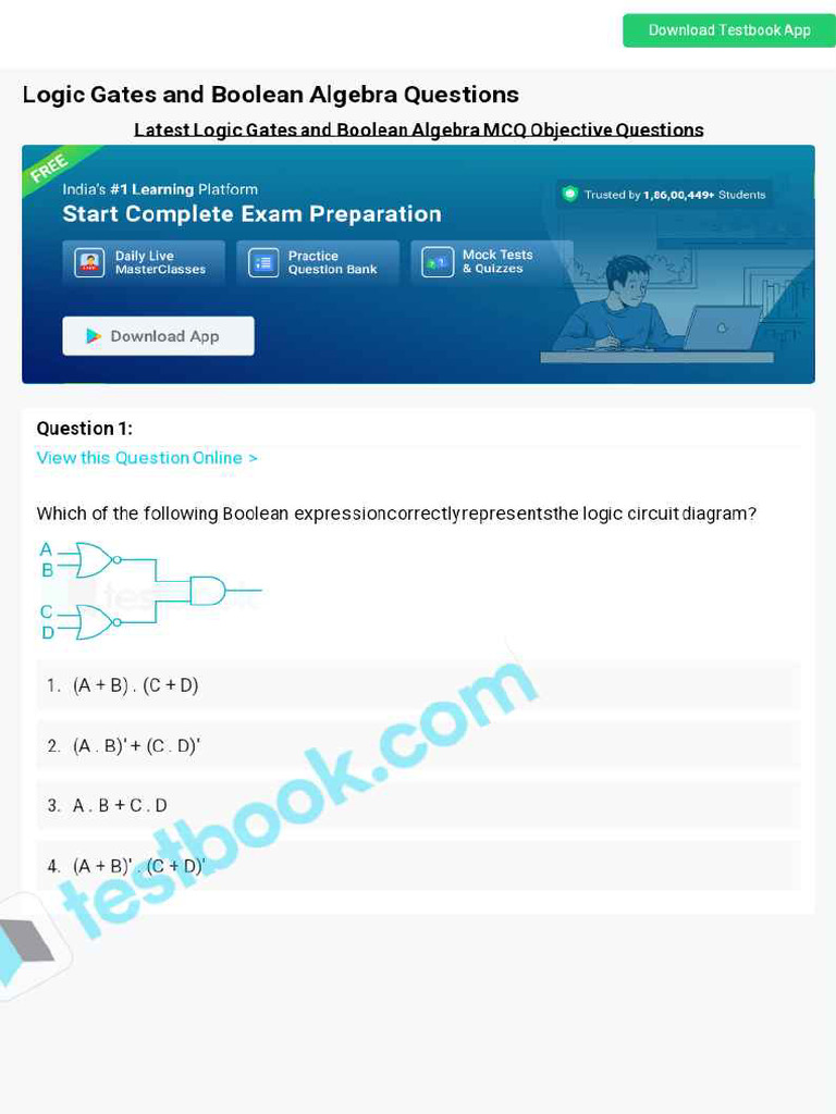 MCQ On Logic Gates and Boolean Algebra 5eea6a0d39140f30f369e1ed PDF