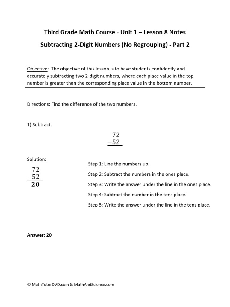 Third Grade Math Course - Unit 1 - Lesson 8 Notes - Subtracting 2-Digit ...