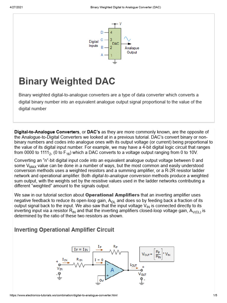 Binary Weighted Digital To Analogue Converter (DAC) | PDF | Amplifier ...