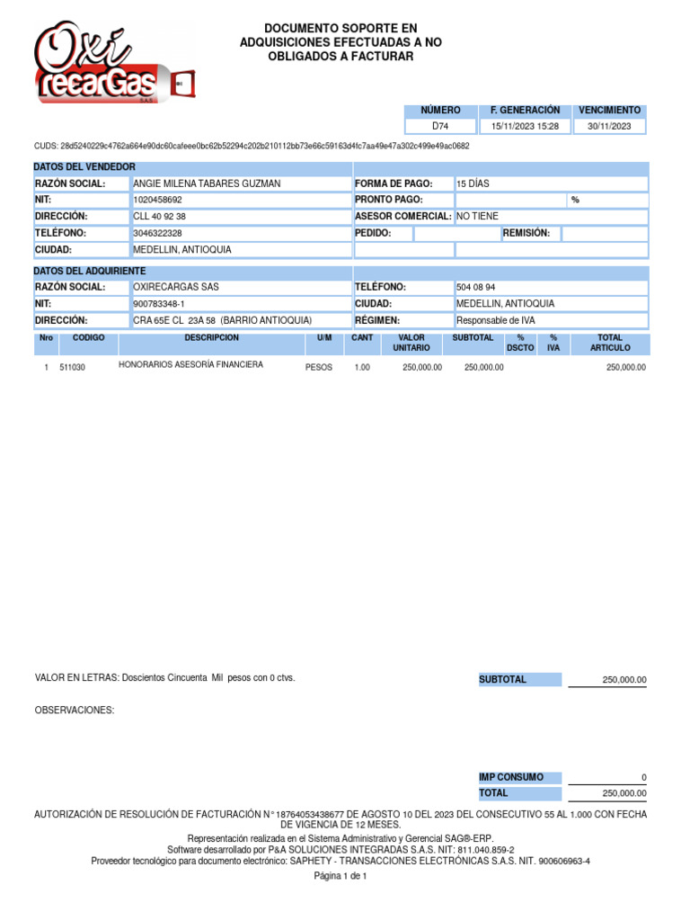Documento Soporte en Adquisiciones Efectuadas A No Obligados A Facturar ...