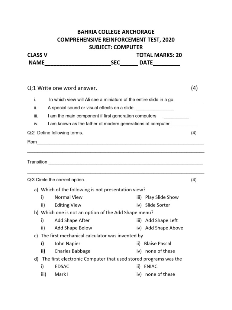 Class 5 Computer Test PDF Class 5 computer test pdf