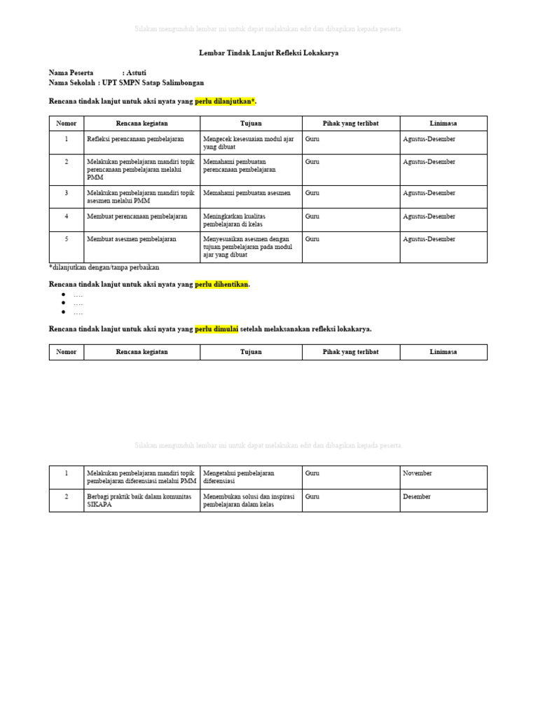 Rencana Tindak Lanjut Pembelajaran Guru | PDF | Karier & Perkembangan ...