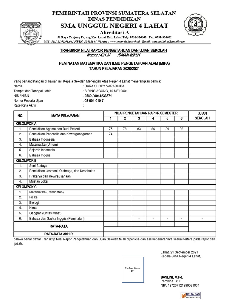 Transkrip Nilai Rapor SMA 2021 | PDF