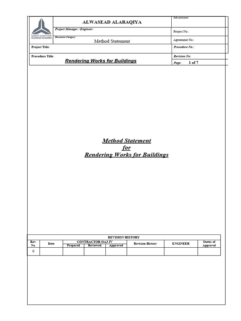 Method Statement for Rendering Works | PDF | Concrete | Mortar (Masonry)
