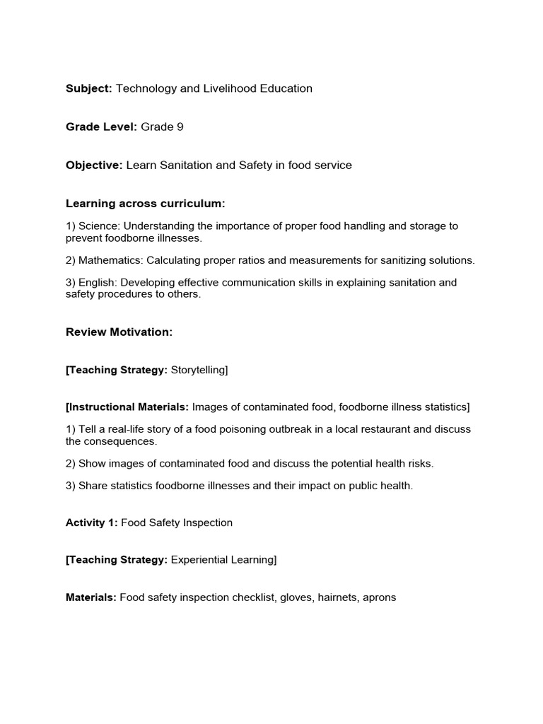 Lesson Plan T L E Pdf Food Safety Foodborne Illness