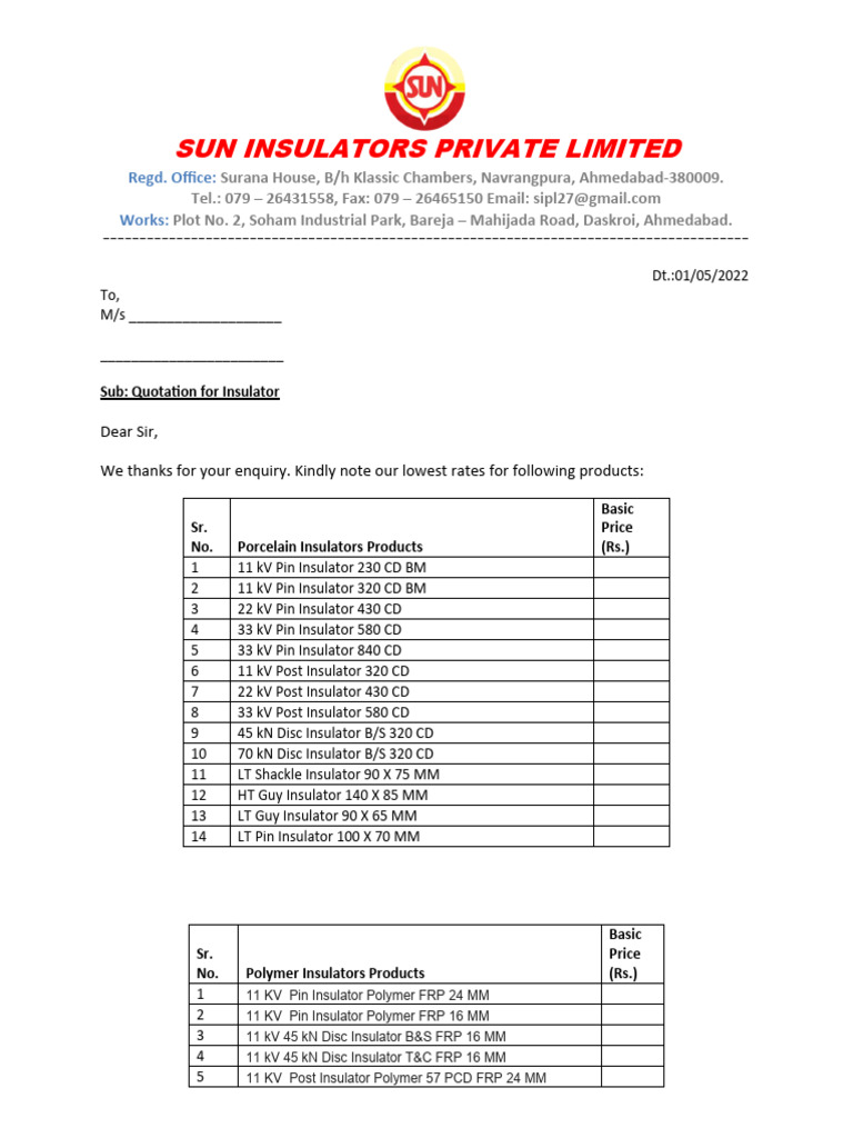 Insulator Quotation from Sun Insulators | PDF | Insulator (Electricity ...