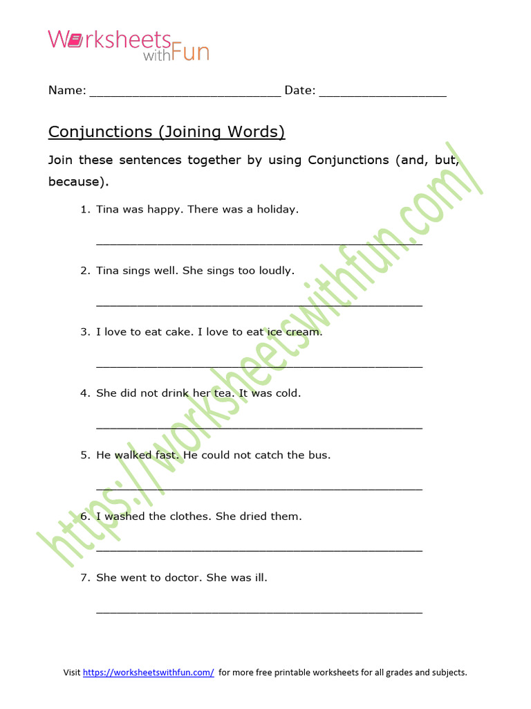 Conjunctions (Joining Words) Worksheet 2 PDF