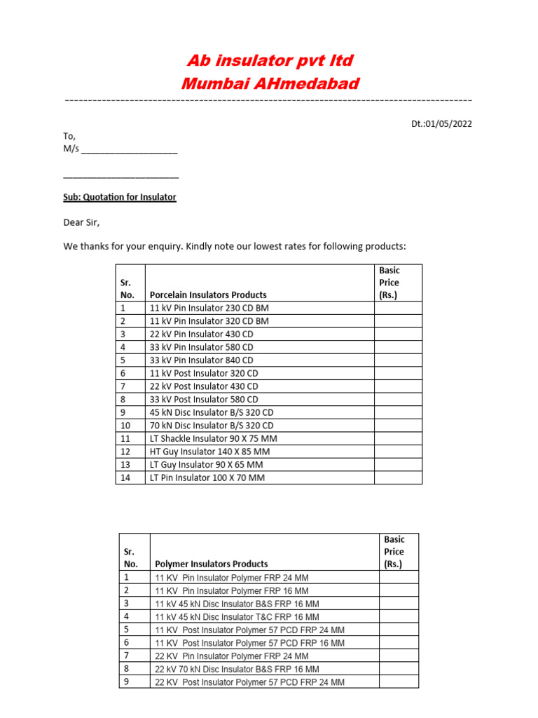 Insulator Quotation from Ab Insulator Pvt Ltd | PDF | Insulator ...