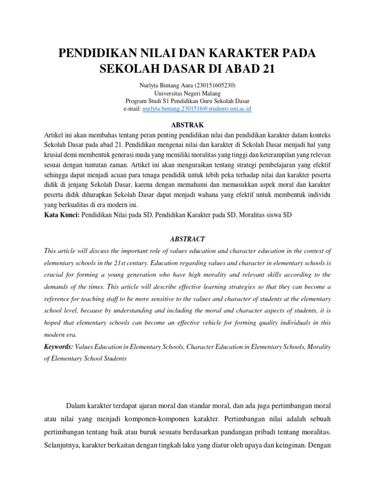 Artikel Jurnal Pendidikan Nilai Dan Karakter Pada Sekolah Dasar Di Abad ...