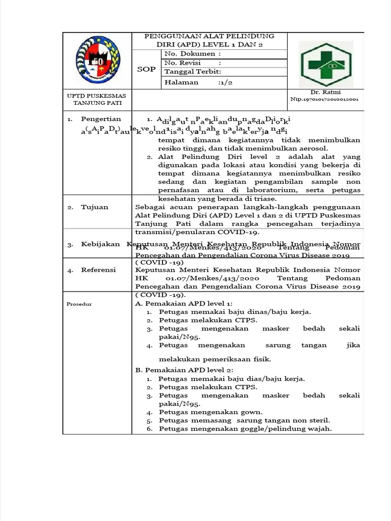 Pdf Sop Pemakaian Apd Level 1 Dan 2 Pdf