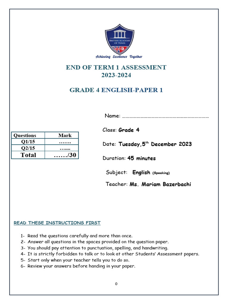 Grade 4 Speaking End Of Term 1 22 23 Pdf Fluency Human Communication