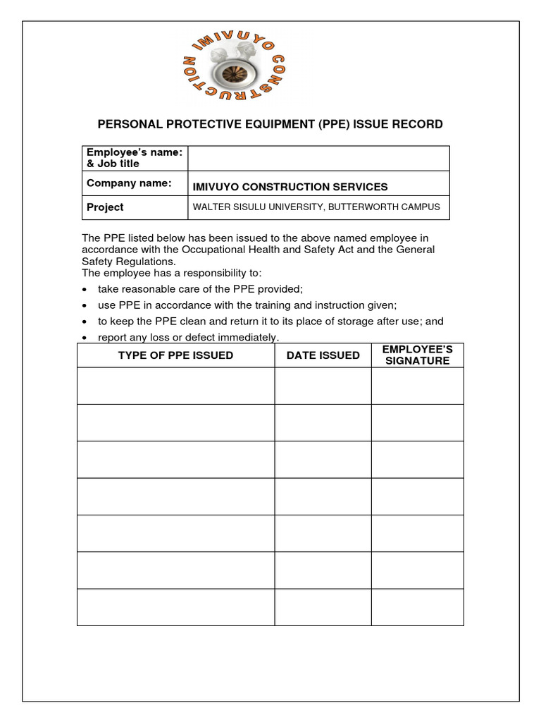 Ppe issue record template pdf