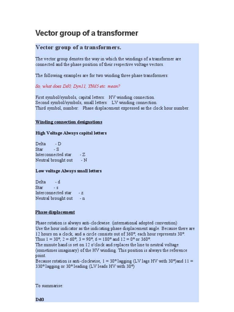 Vector Group of A Transformer | PDF | Physical Quantities | Electricity