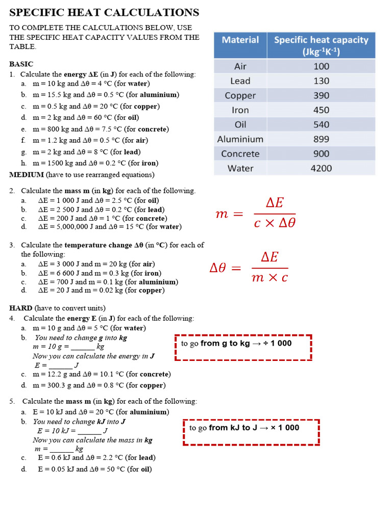 Specific Heat Capacity Worksheet Slop Download Free PDF Heat