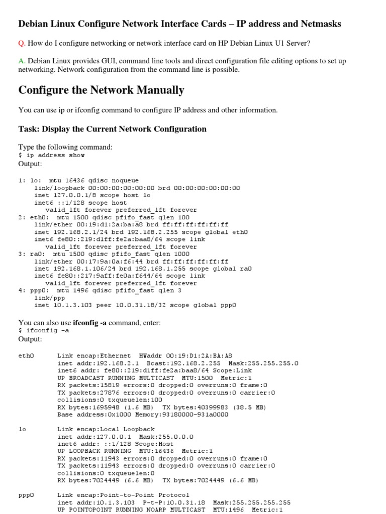 Debian linux configure network interface cards ip address network 
