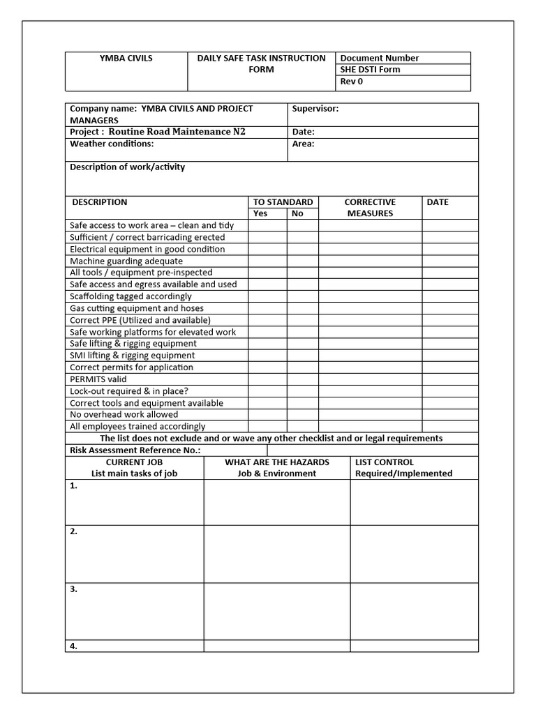 Daily Safety Task Instruction Form | PDF | Labor Relations | Workplace