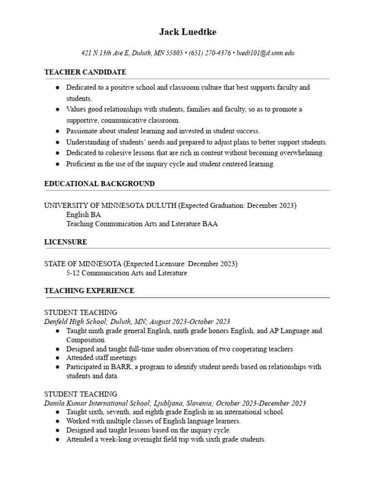 Luedtke Jack Resume PDF Teachers - 1702462446