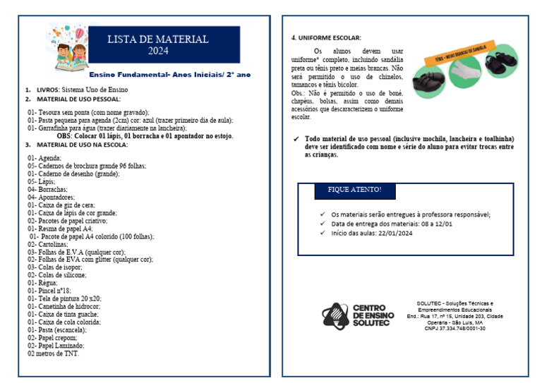 Material Escolar 2024 - 2º Ano Ensino Fundamental | PDF | Técnicas ...