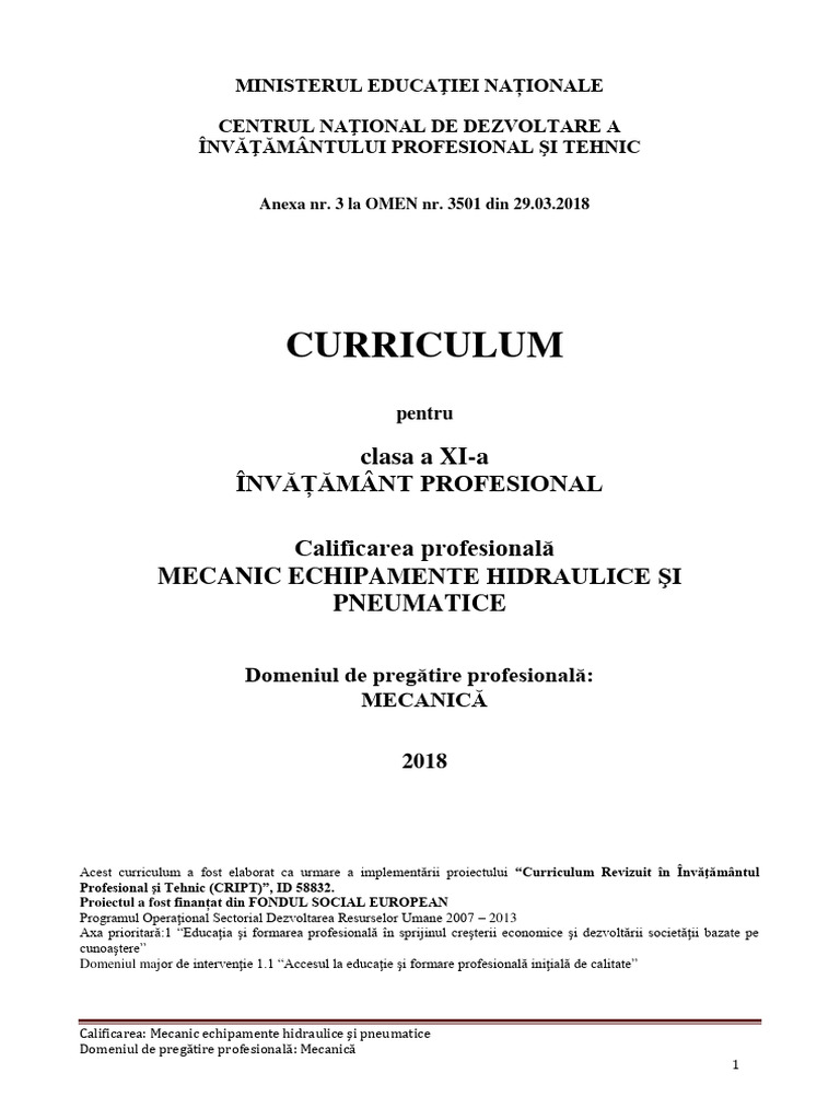 CRR - CL - XI - Inv - Prof - Mecanic - Echip - Hidr Si Pneum | PDF