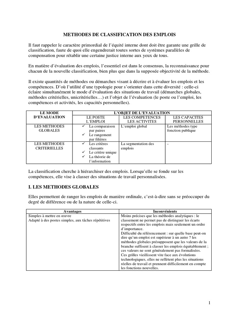Méthodes de Classification des Emplois | PDF | Emploi | Compétence ...