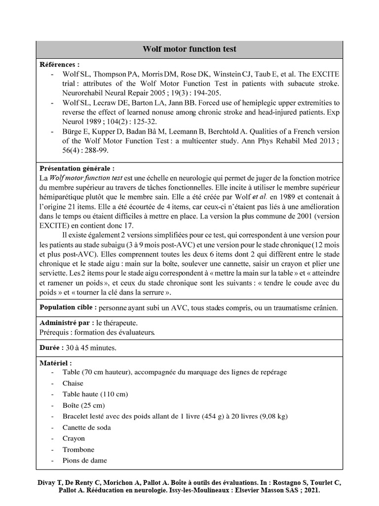 Évaluation de la fonction motrice Wolf | PDF | Main